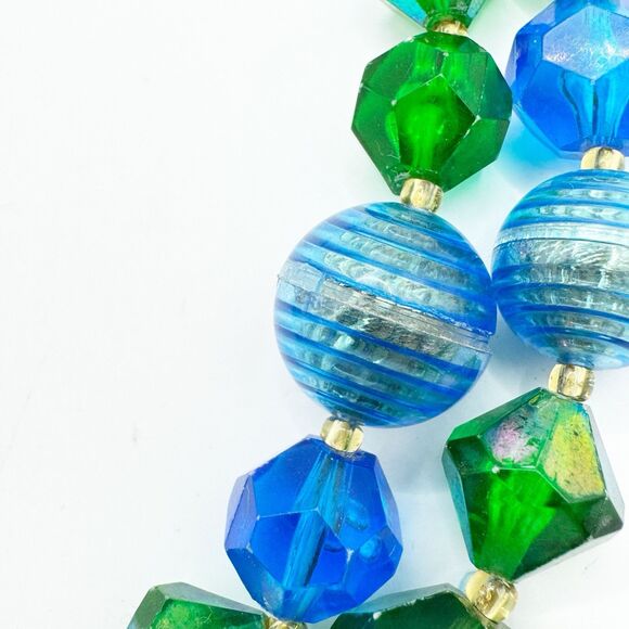 West Germany Vintage Blue Green Lucite Faceted Beaded Necklace 2 Strand MCM - Picture 8 of 16